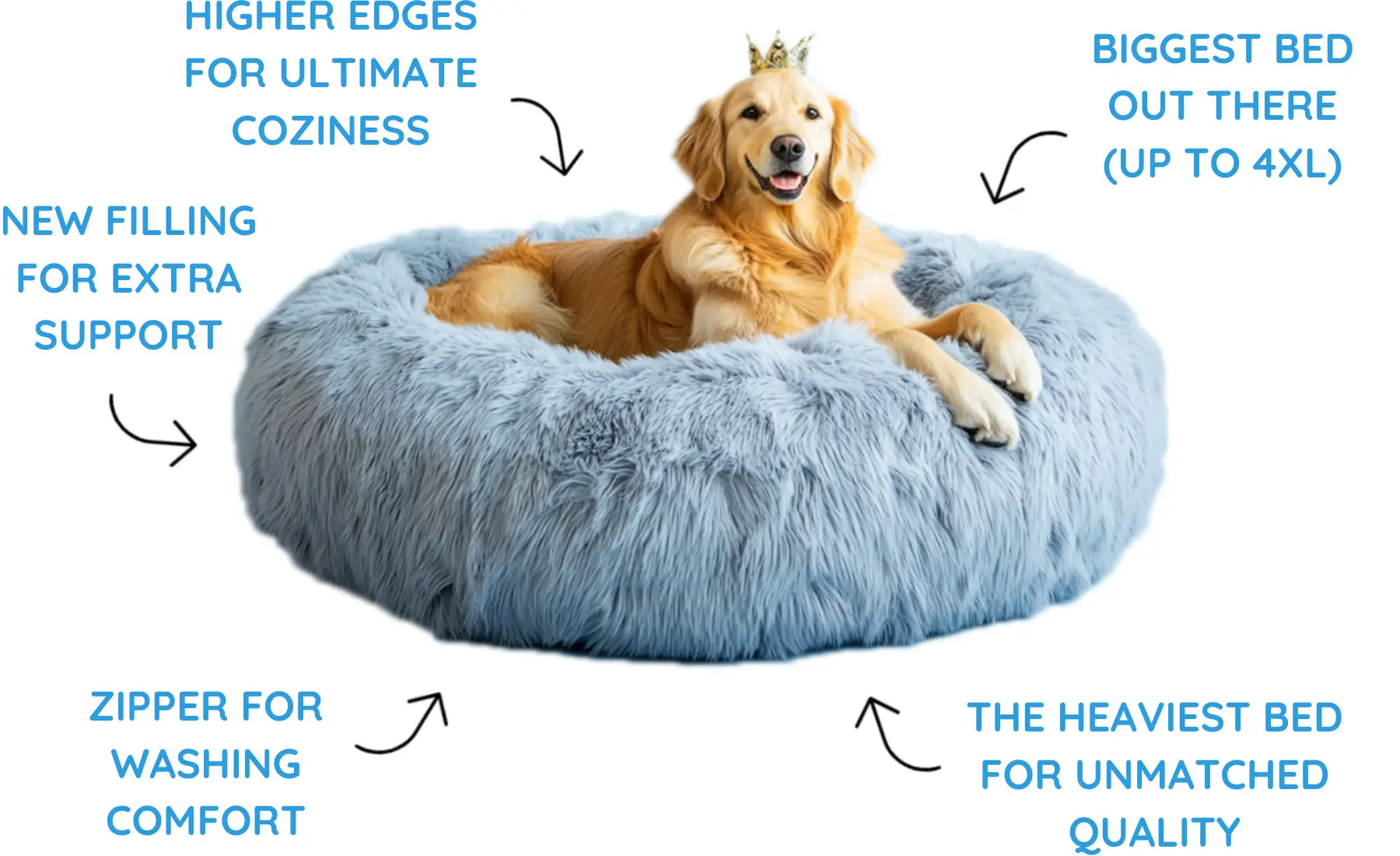Golden Retriever having the best nap ever on a fluffy bed – with raised edges, extra squish, a wash-friendly zip, and roomy sizes