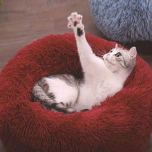Load image into Gallery viewer, Playful gray and white cat with raised paw lounging in a soft red anxiety relieving cat bed