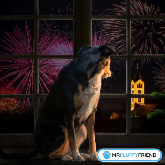 Featured image for a blog "Bonfire night and dogs: keep your pup calm and safe during fireworks" with a dog by a window, watching colorful fireworks illuminate the night sky