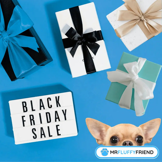 Featured image for a blog "The ultimate 2025 Black Friday deals on dog beds" with gift boxes with colorful ribbons arranged on a blue background surround a sign reading "Black Friday Sale." A curious dog peeks from the corner.