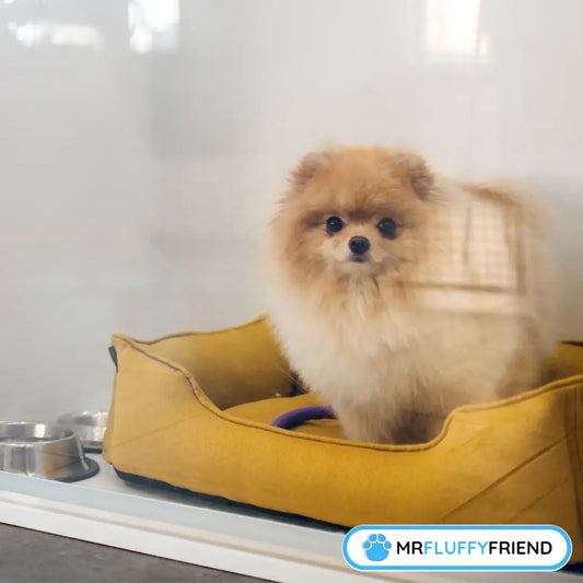 Featured image for the blog "What is Dog Boarding? Stress-Free New Year's Pet Care" showing a small fluffy dog inside a glass kennel.