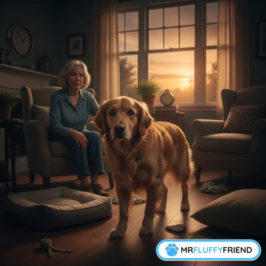 Senior Golden Retriever standing in a living room at sunset, looking confused, illustrating sundowners syndrome in dogs.