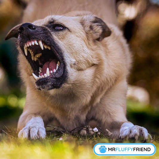 A dog with its mouth open, looking like it’s barking and maybe a bit aggressive