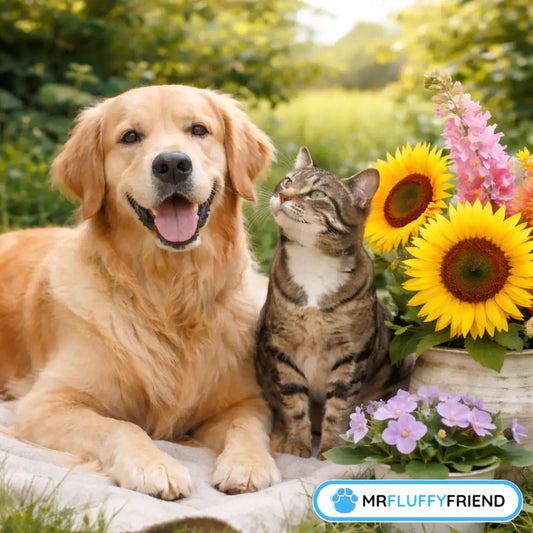 A golden retriever and a tabby cat sitting beside pet-safe sunflowers and phalaenopsis orchids.