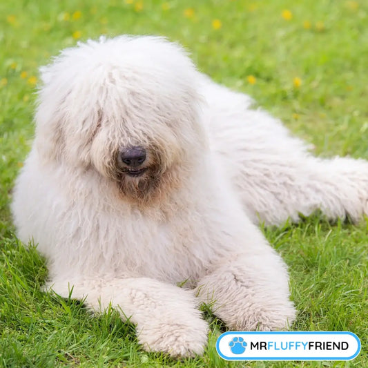 A fluffy white Komondor resting on green grass, showing that even the shaggiest-looking big dog breeds don’t shed