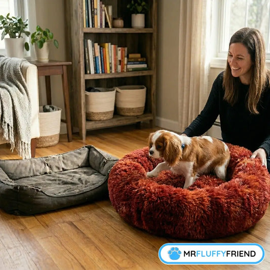 Cavalier King Charles Spaniel stepping from an old, worn dog bed into a new plush red donut dog bed