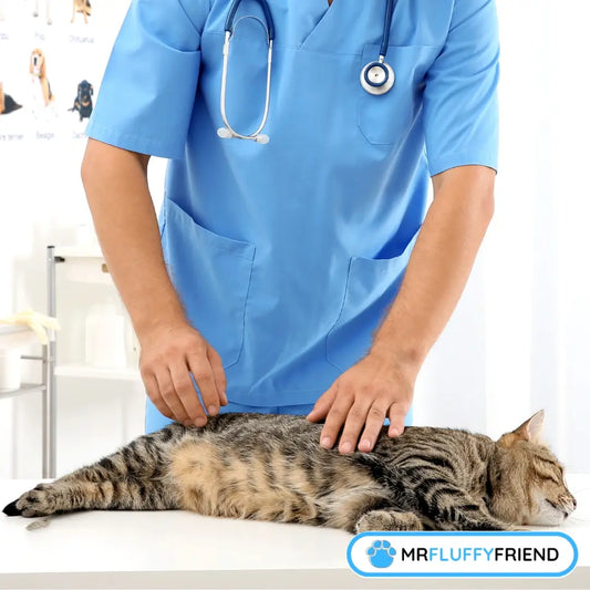 A vet examining a tabby cat on a clinic table for signs of arthritis in cats