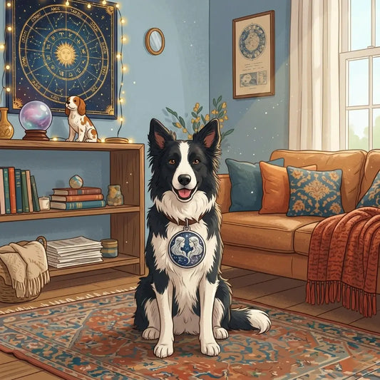A Border Collie wearing a Gemini medallion in a cosy study, showing how certain dog breed zodiac signs complement specific personalities.