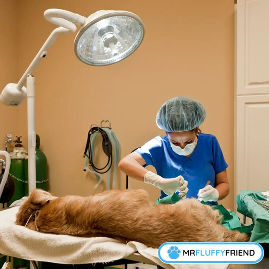 Featured image for a blog: “Should I Put My Old Dog Through Surgery?” with a vet in blue scrubs and a face mask performing surgery on a dog