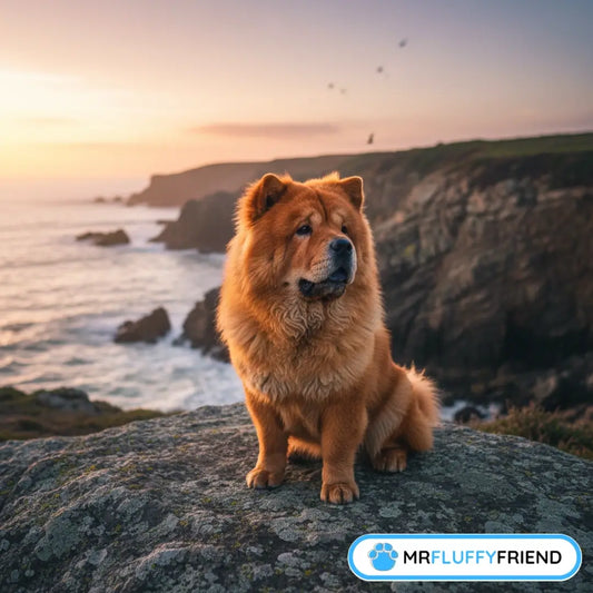 A fluffy, lion-like Chow Chow sitting proudly on a rocky cliff at sunset, representing the breed’s calm, independent nature.