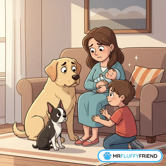 Sad Golden Retriever and Boston Terrier showing jealousy near a mother holding a baby.