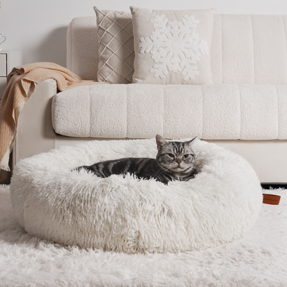 A soft white anxiety relieving cat bed with a chilled tabby lounging, surrounded by a comfy sofa and some nice cushions