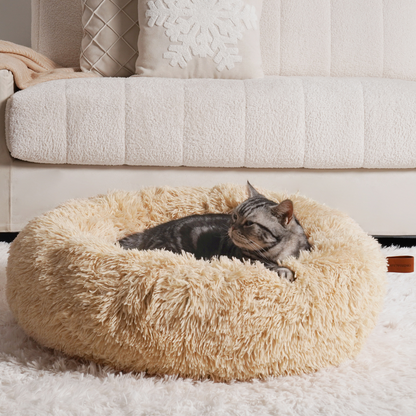 A cosy cat lying in a plush, beige round anxiety relieving cat bed on a soft white rug