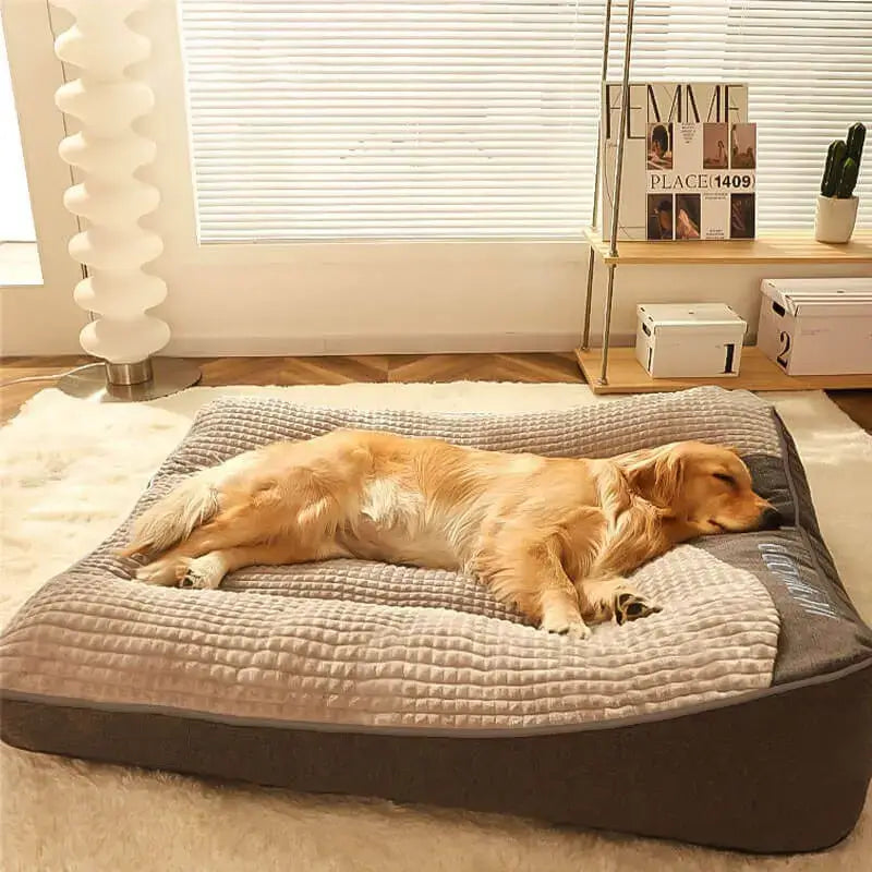 A golden retriever happily sleeping on a soft calming dog cushion