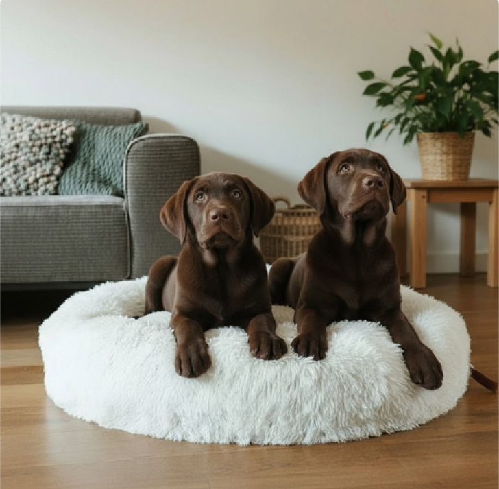 Brown Labrador lying on a round fluffy white MrFluffyFriend bed